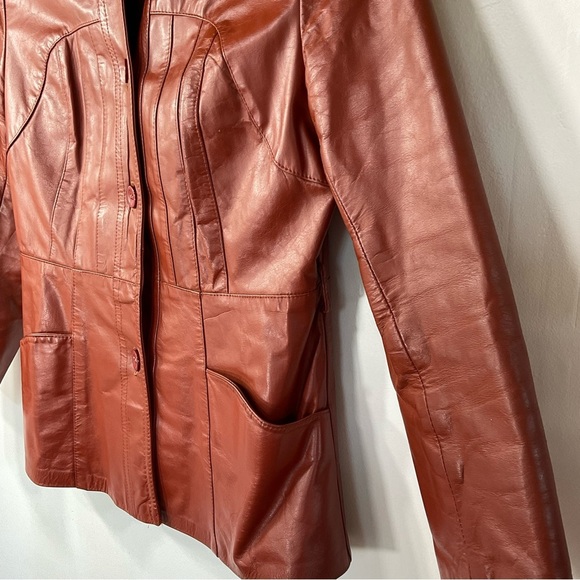 70’s Leather Car Coat, Brown Vintage Jacket Size L - Picture 4 of 8